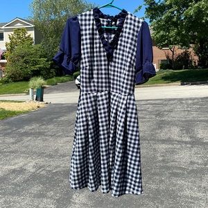 Smak Parlour Navy & White Gingham Half Sleeve Ruffle Riot Fit & Flare Dress